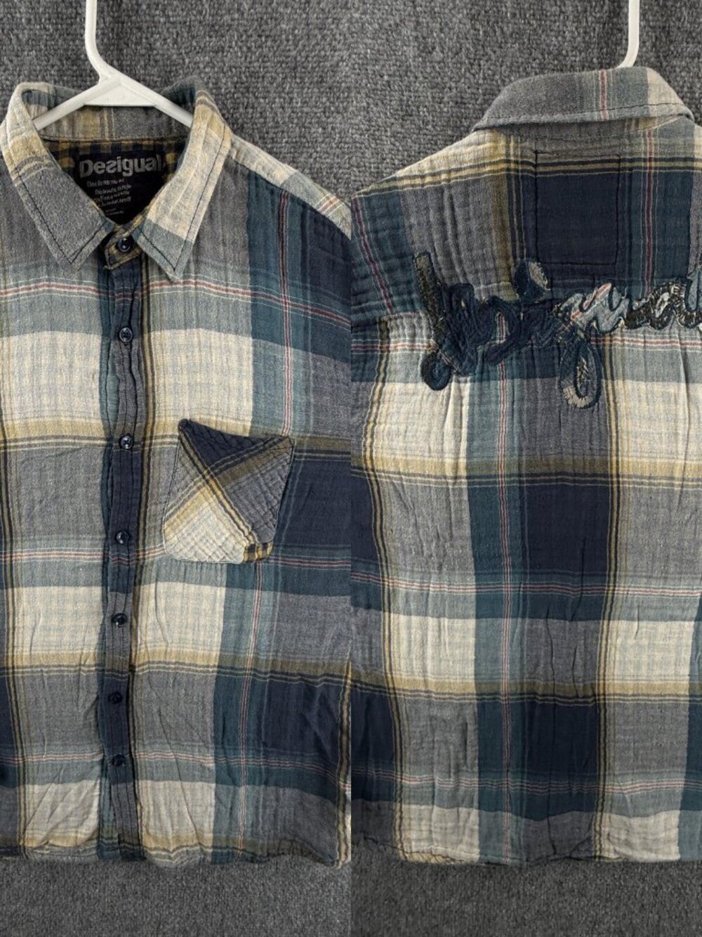 Desigual Flannel Soft Button Up Shirt Men Regular Fit XL Pocket Colorful Plaid